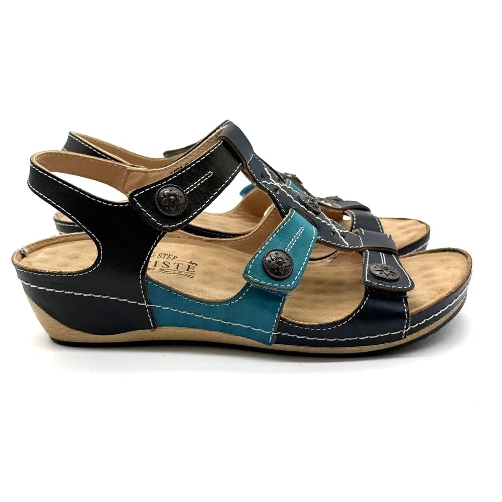L'Artiste by Spring Step MELISSA Navy/Teal Leather Wedge Sandal Wm US 7.5 & EU38
